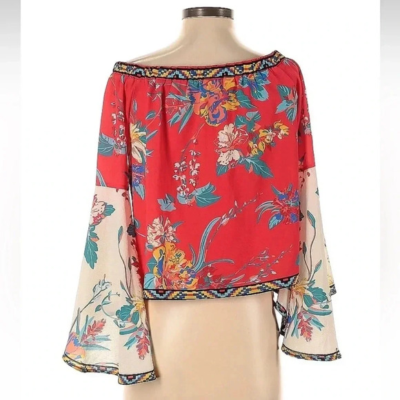 Flying Tomato Red & Cream Boho Off the Shoulder Floral Print Blouse Size Small S - Picture 2 of 10